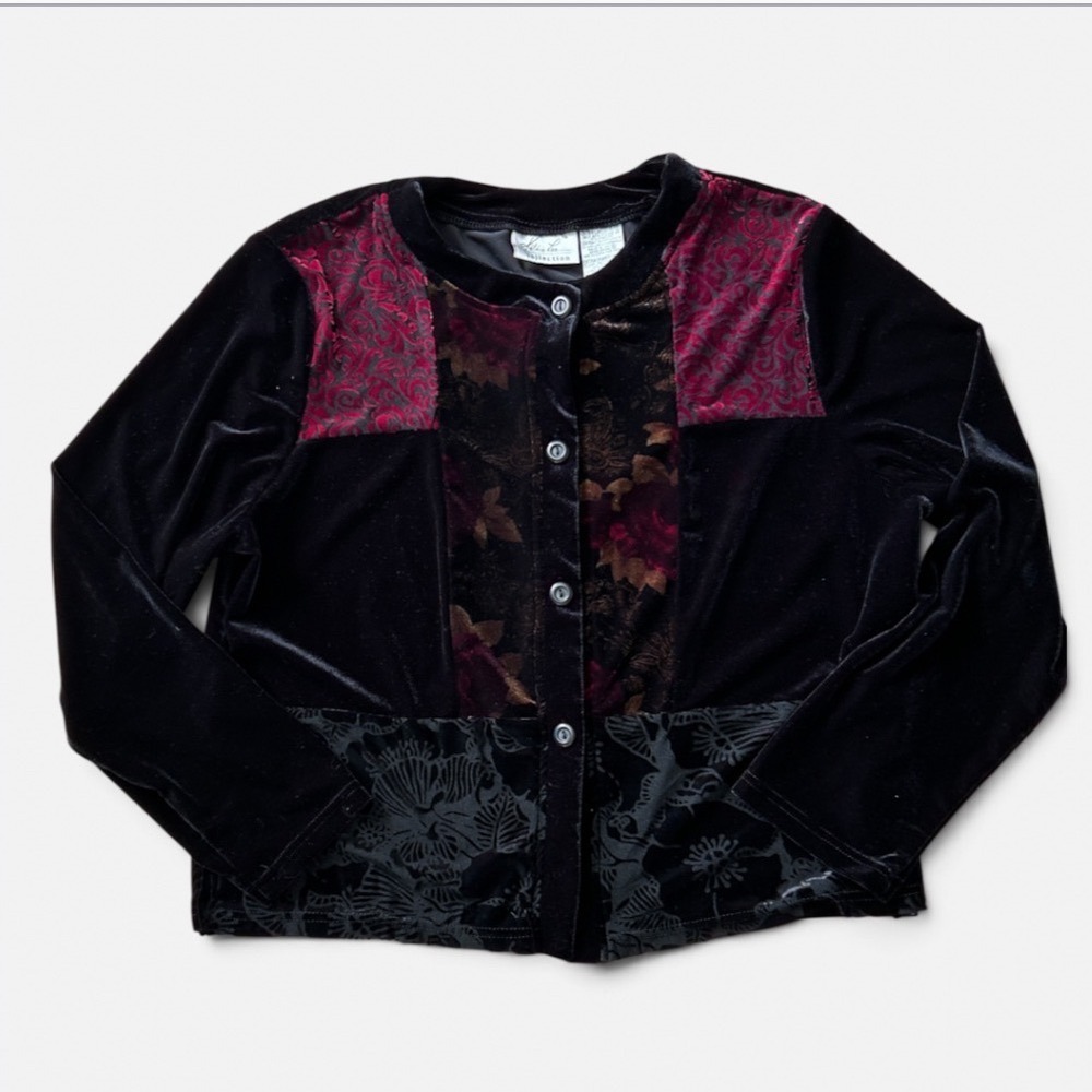 VTG 90s Y2K Velvet Whimsigoth Boho Patchwork Burnout Floral Jacket Black Red XL